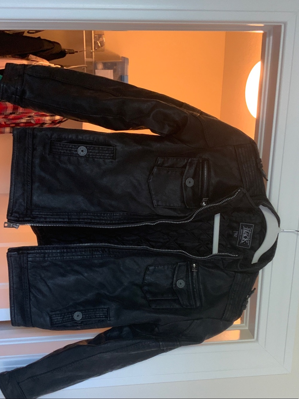 Buckle Black Faux Leather Puffer-Style Jacket